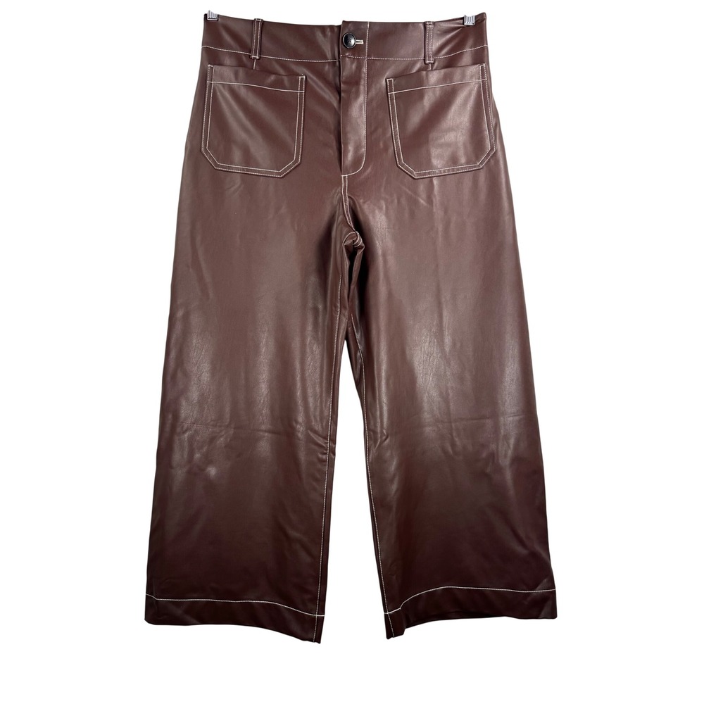 Maeve The Colette Faux Leather Wide Leg Cropped Pants Brown Size 33‎